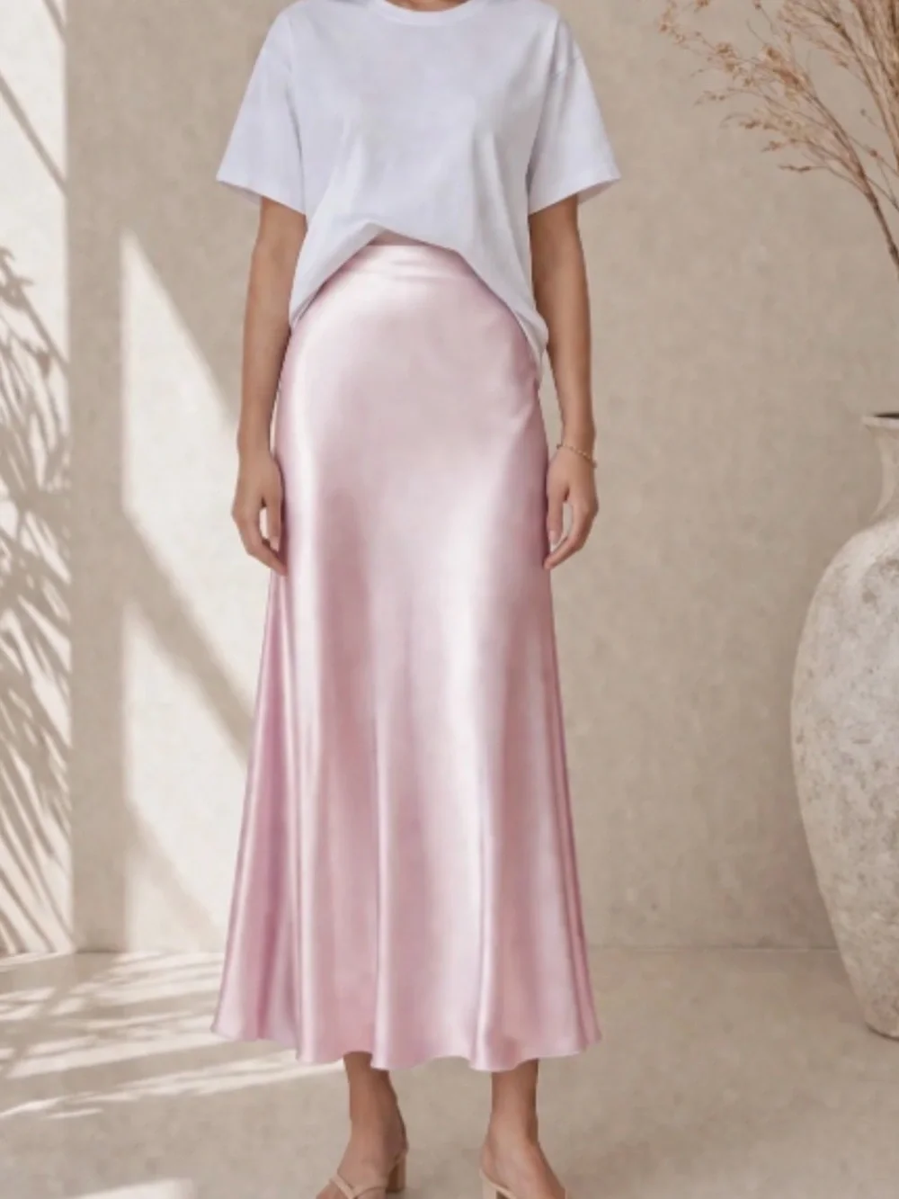P0004. LC Lauren Conrad Soft Pink Satin Midi Skirt